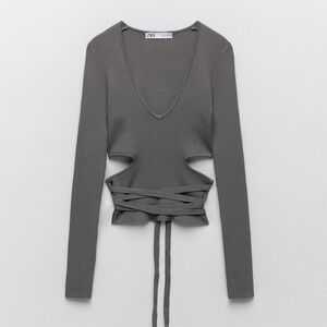 Zara Cut Out Knit Top Gray Ribbed V-Neck Women's Top Sz M